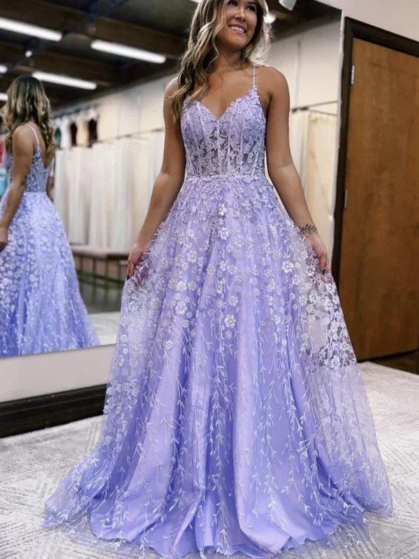 Best Sellers A Line V Neck Lilac/Gold Lace Floral Long Prom Dresses, Purple/Gold Lace Formal Graduation Evening Dresses SP2755