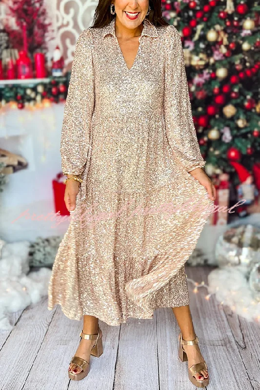 Trendy Styles Christmas Elegant Sequin Long Sleeve V Neck Midi Dress