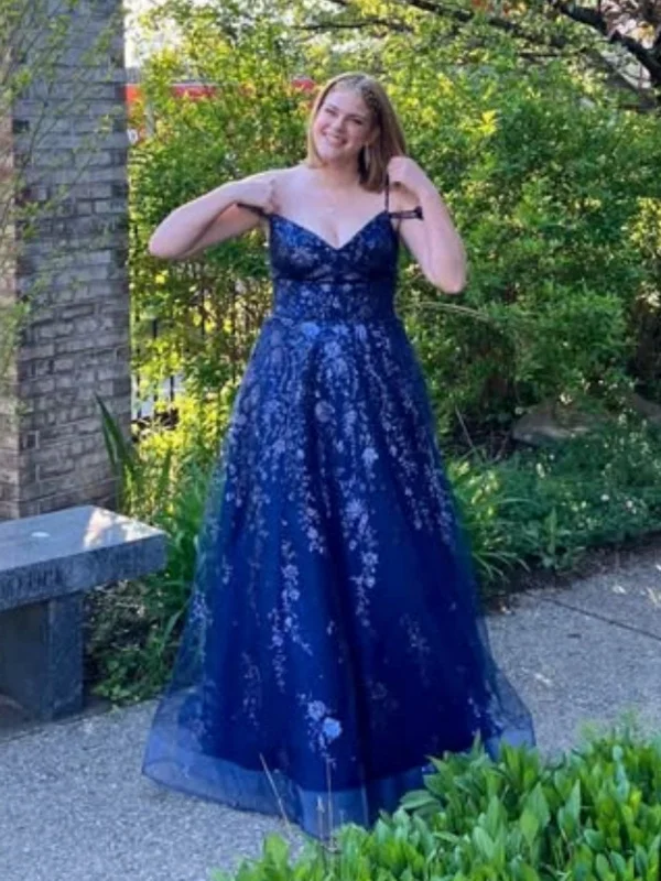 Modern Women’s Wardrobe Essentials Shiny Off Shoulder Navy Blue Lace Long Prom Dresses, Navy Blue Floral Formal Dresses, Navy Blue Evening Dresses with Appliques SP3084