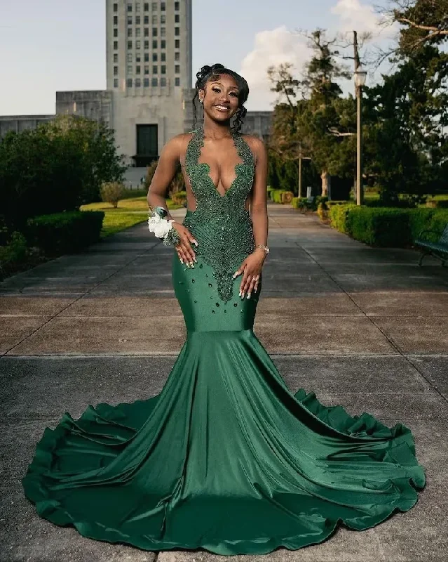 End Of Season Sale Clothing Green African American Prom Dresses Mermaid Sheer Beaded Crystals Black Girls Nigeria Robe De Soiree Evening Dress Gown