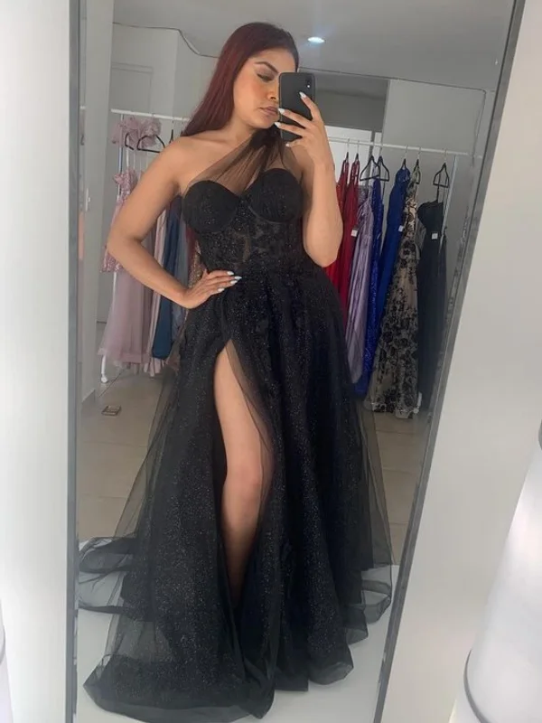 Women’s Street Style Casual Wear One Shoulder Pink/Black Lace Floral Long Prom Dresses with High Slit, Pink/Black Formal Graduation Evening Dresses SP3011