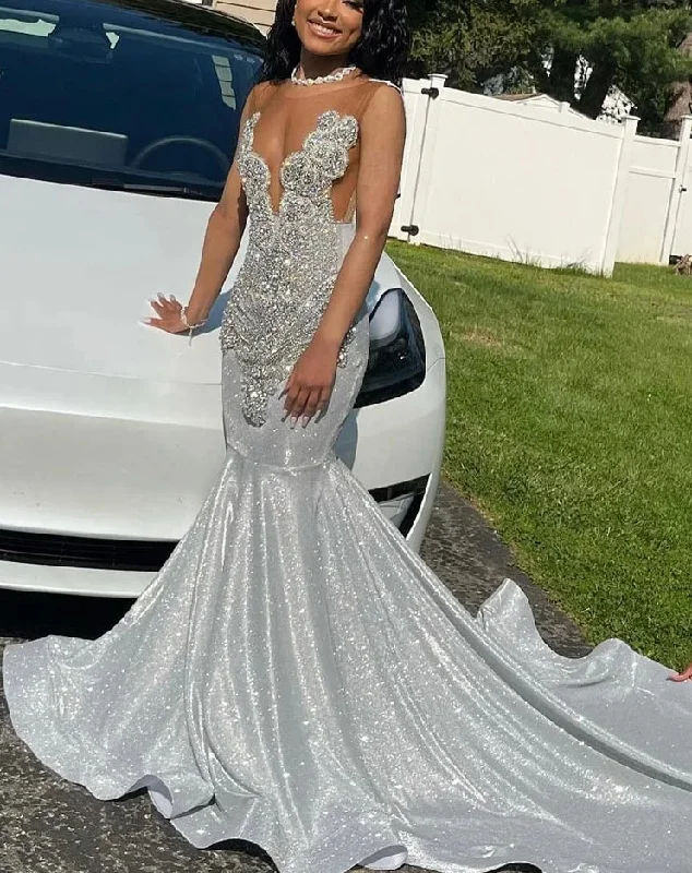 Timeless Classics Long Silver Mermaid Prom Dresses Black Girls evening dresses woman elegant