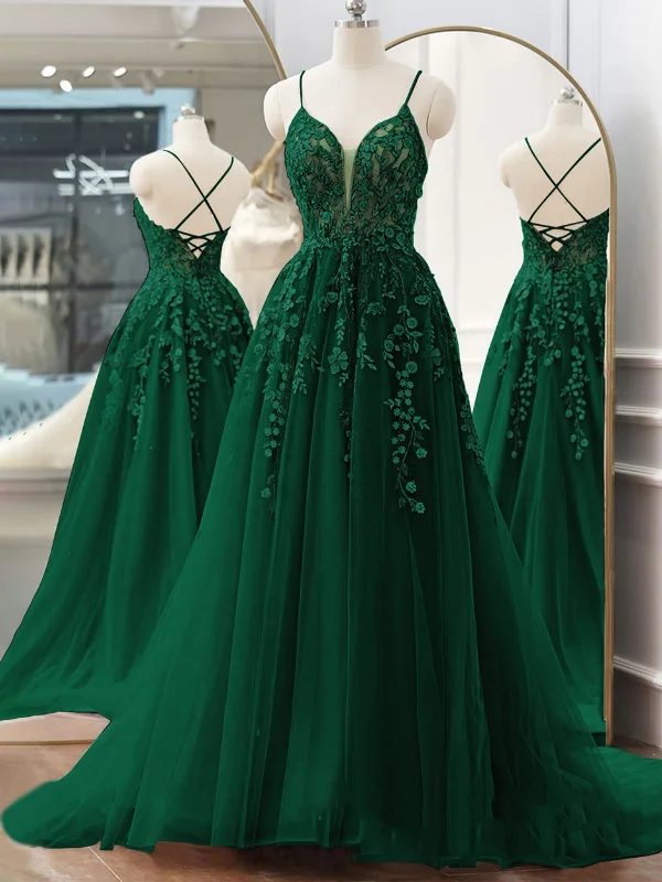 Women’s Fashion Clothing Open Back V Neck Green Lace Floral Long Prom Dresses, Green Lace Formal Dresses, Green Evening Dresses SP2676