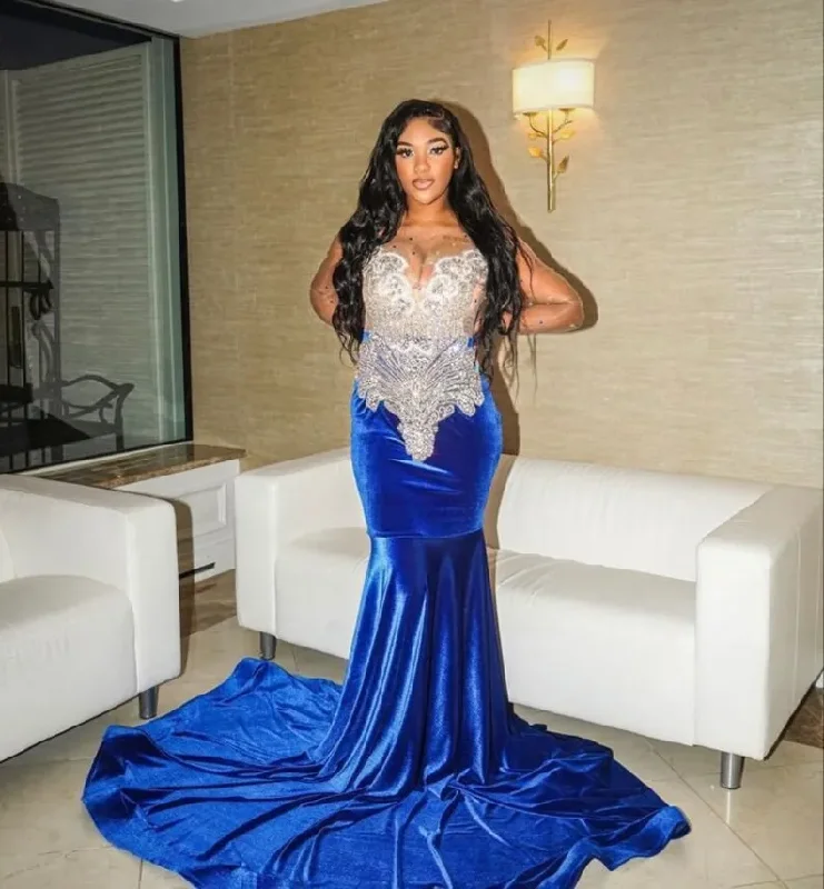 Sale For Women Royal Blue African American Prom Dresses Mermaid Sheer Velvet Beaded Black Girls Nigeria Robe De Soiree Evening Dress Gown