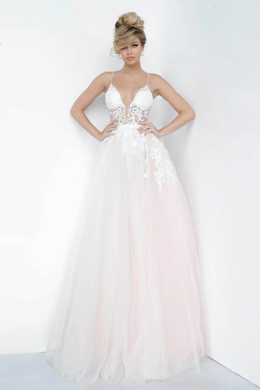 Colorful Clothing Jovani - Deep V-Neck Tulle Prom Ballgown 1310SC - 1 pc Off White/ Lilac In Size 6 Available