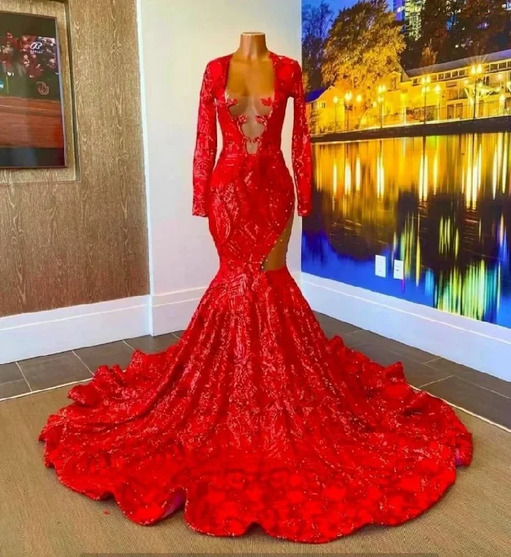 Trendy Online Boutiques Red African American Prom Dresses Mermaid Sheer Long Sleeves Lace Black Girls Nigeria Robe De Soiree Evening Dress Gown