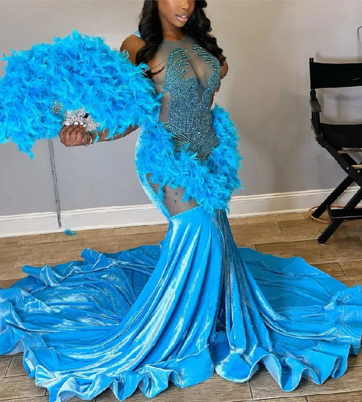 Women Clothes Legend Blue Velvet Feathers Mermaid Golden Crystal Beading Prom Dresses Luxury Designer Party Black Girls Bespoke robe de bal