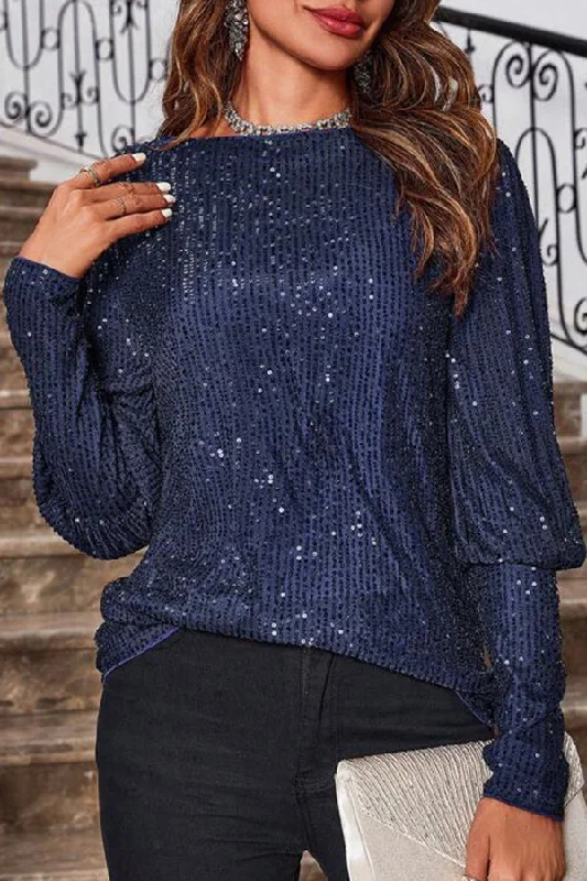 Luxury Fashion Solid Color Sequined Round Neck Long Sleeve Loose Top