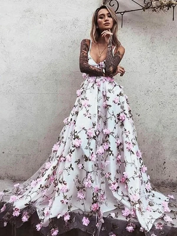 Mega Sales A Line V Neck Backless Pink Lace Floral White Prom Dresses, Pink 3D Flower White Formal Dresses, Evening Dresses