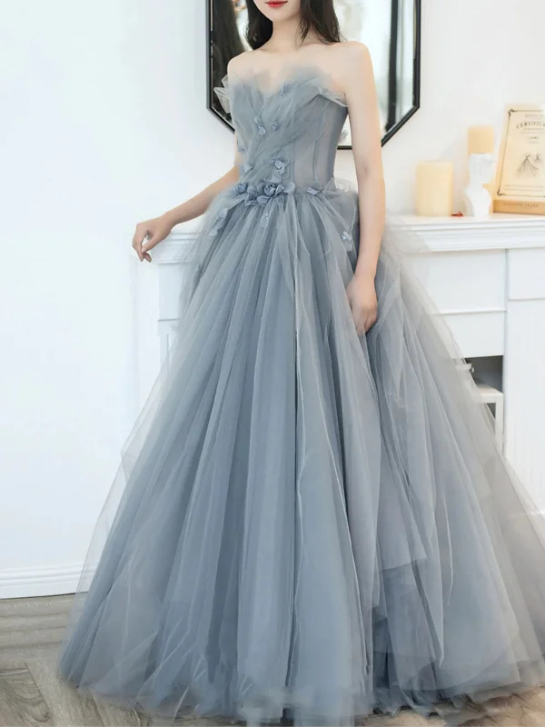 Unbeatable Deals Strapless Gray Tulle Floral Long Prom Dresses, Strapless Gray Formal Evening Dresses, Grey Ball Gown SP2677