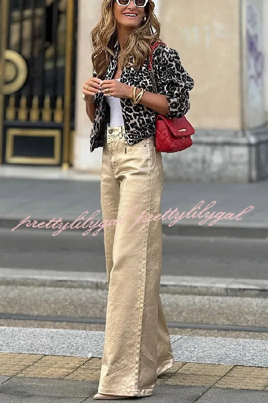 Elegant Style Dashing Darling Metallic Fabric High Waist Pocketed Wide Leg Pants