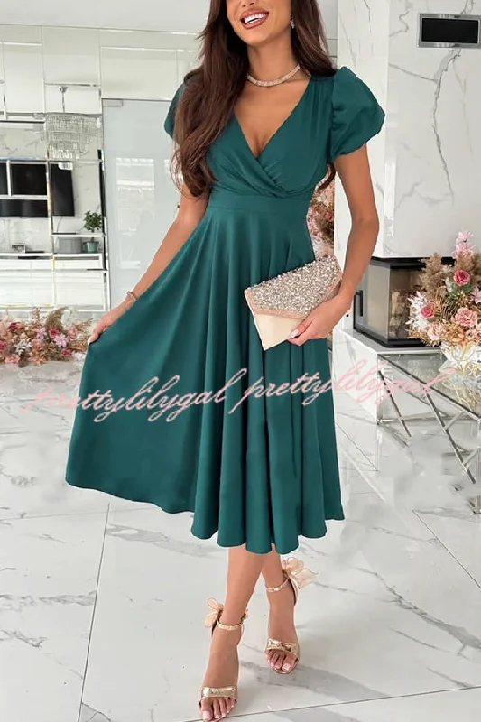 Fashion Sale Zayla Solid Color Puff Sleeve V-neck Waist Slim Fit Midi Dress