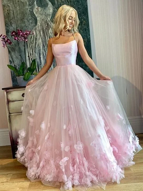 Casual and Comfortable Outfits Spaghetti Straps Pink Floral Long Prom Dresses, Pink Floral Long Formal Evening Dresses