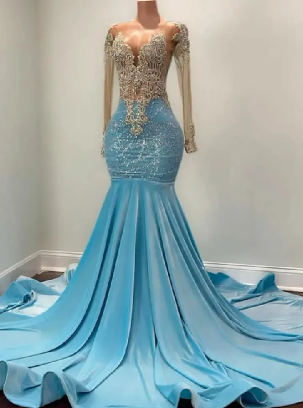 Glamorous Evening Wear Light Blue Velvet Long Prom Dresses Luxury Black Girls Diamonds Bead Rhinestones Long Sleeves Evening Party Birthday Gowns