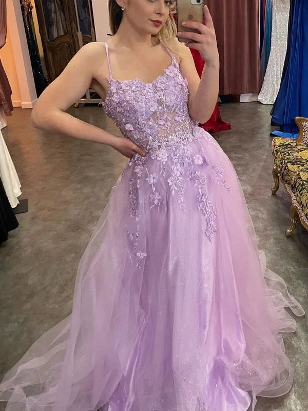 Travel Essentials Beaded Lilac Lace Floral Long Prom Dresses, Lilac Lace Formal Dresses, Beaded Lilac Evening Dresses SP2787