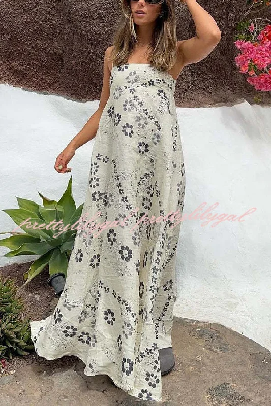 Designer Women’s Fashion Online Linen Blend Floral Print Strappy Full-hem Backless Maxi Dress