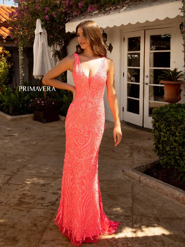 Comfy Women’s Outfits for Daily Wear Primavera Couture 3722 Size 00 Coral Iridescent Prom Dress V Neckline V Back Long Sequins Evening Gown