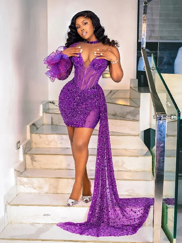 Chic Wardrobe Chic Purple Sequins Beaded Short Prom Dresses African Women Formal Occasion Gowns Black Girls Cocktail Party Dress Mini