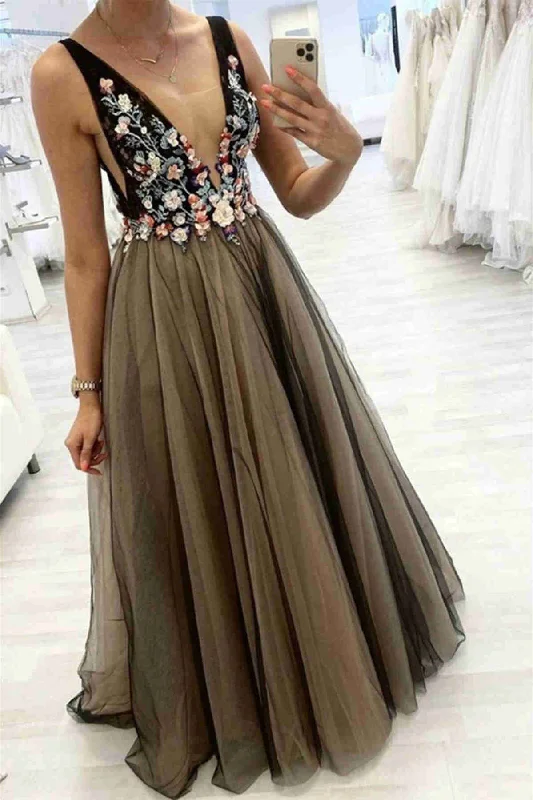 Stylish Everyday Clothing Elegant Plunging Neck Floral Black Prom Dress