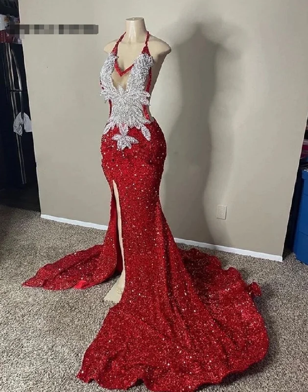 Chic Style Sliver Appliques Red Sequin Halter Prom Dresses For Black Girls Slit Mermaid Cocktail Dress Elegant Formal Occasion Gowns