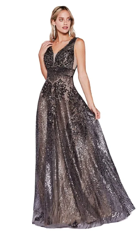 Chic Casual Style Cinderella Divine - Sequined Deep V-neck A-line Gown CD09 - 1 pc Dark Silver In Size 6 Available