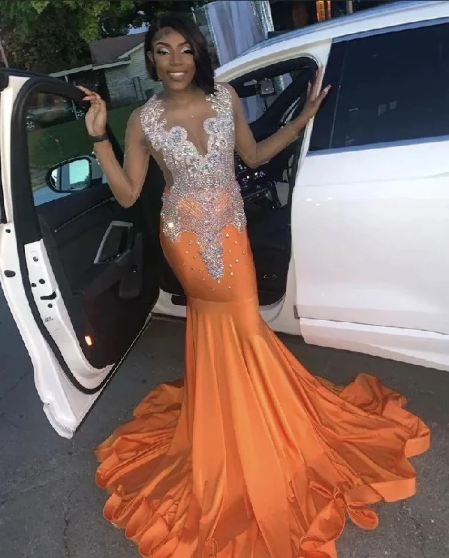 Clearance Sale Online Orange African American Prom Dresses Mermaid Sheer Beaded Crystals Black Girls Nigeria Robe De Soiree Evening Dress Gown