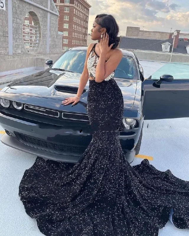 Online Clothing Stores Sexy One Shoulder Sequin Prom Dresses For Black Girls Mermaid Evening Gowns Rhinestone