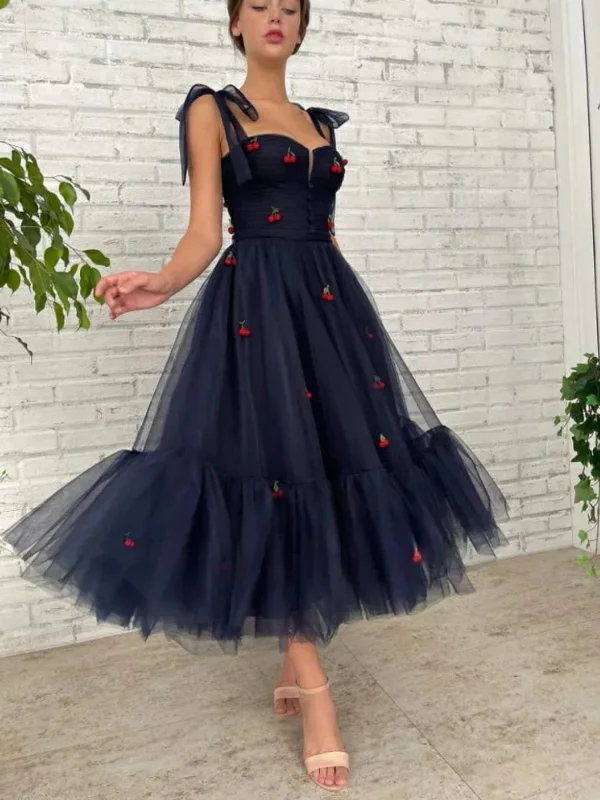 Workwear Fashion for Women Princess Navy Blue Tulle Tea Length Prom Dresses with Appliques, Navy Blue Homecoming Dresses, Floral Formal Evening Dresses SP2732