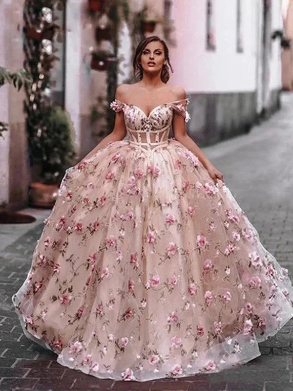 Fashion Forward Off Shoulder Pink Floral Long Prom Dresses, Off the Shoulder Pink Formal Dresses, Pink Evening Dresses