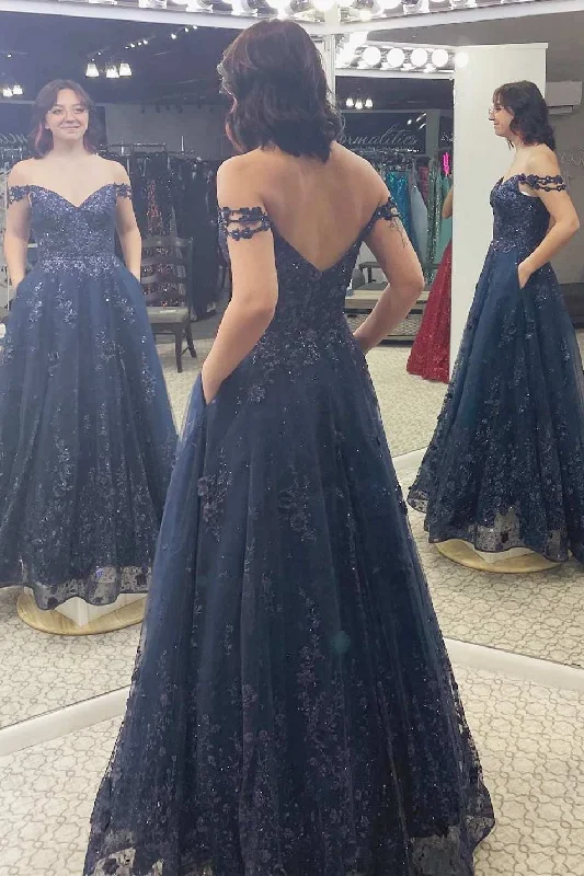 High-Quality Women’s Fashion Dresses Navy Floral Lace Off-the-Shoulder A-Line Prom Dress with Pockets