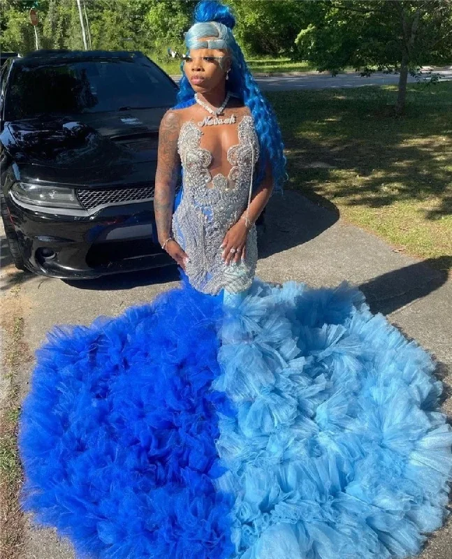 Chic Outfits Blue O Neck Long Prom Dress For Black Girls Beaded Crystal Tassel Birthday Party Dresses Ruffles Evening Gowns Gown Robe De Bal