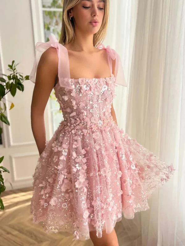 Casual Women’s Clothing Cute A Line Pink Lace Floral Prom Dresses, Beaded Pink Homecoming Dresses, Short Pink Formal Evening Dresses with 3D Flowers SP2964