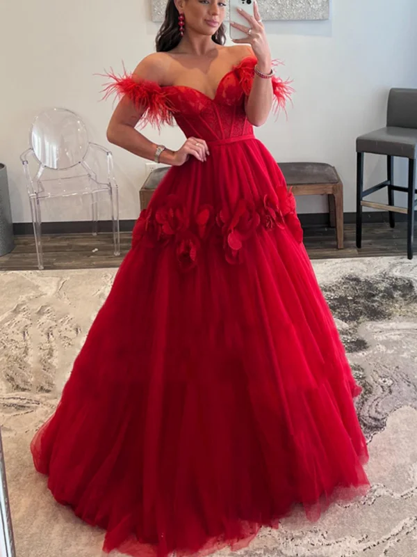 Unbeatable Prices Off Shoulder Red Tulle Floral Long Prom Dresses, Off the Shoulder Formal Evening Dresses, Red Ball Gown SP2631