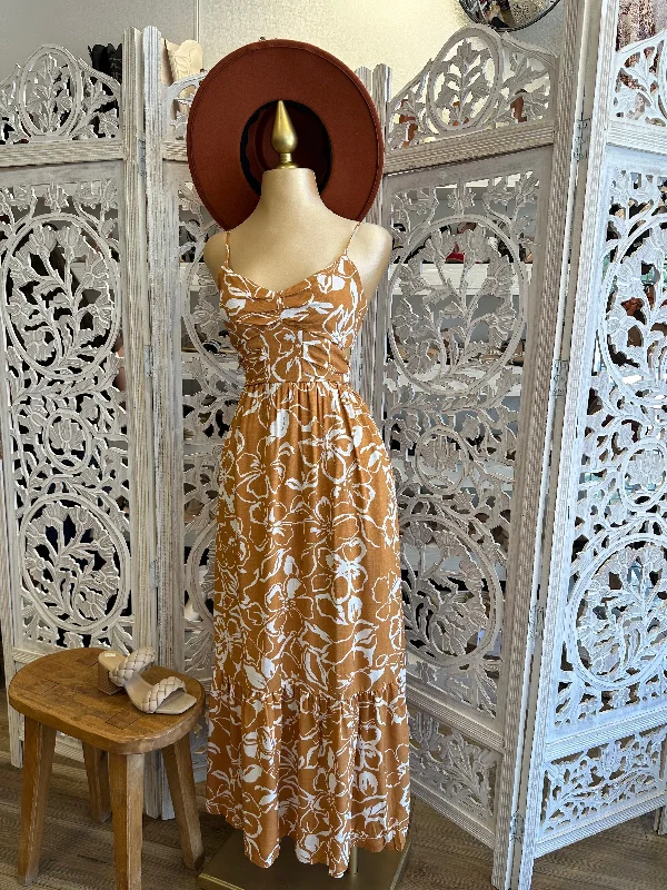 New Arrival Discounts Floral Burnt Orange Maxi Dress- Stretchy, Estira