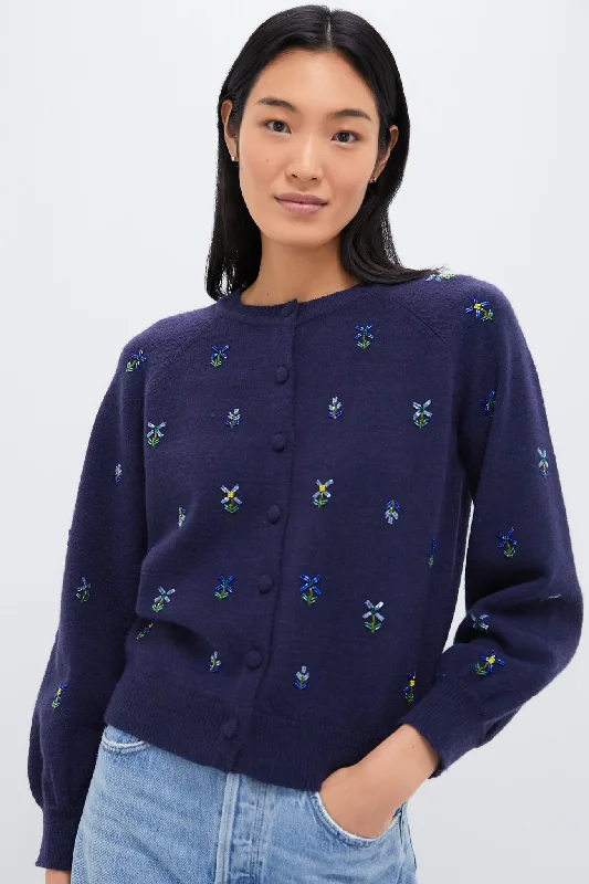 Comfort Meets Fashion Blue Floral Embellishment Navy Elsie Cardigan