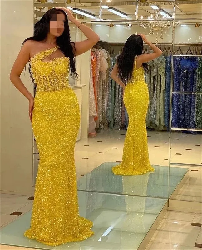 Trendy Street Style Clothing Yellow Sequin Beads Sequins Evening Dresses Mermaid One-Shoulder Formal Afarican Black Girls Formal Night Party Gowns Robe De