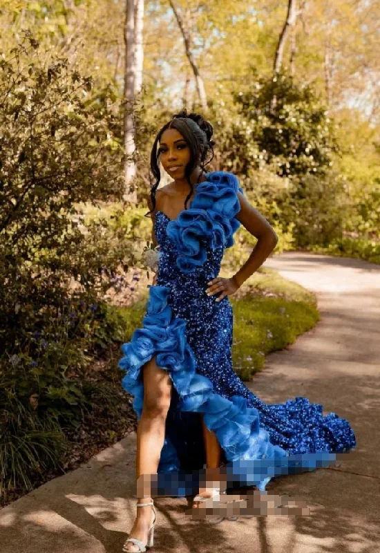 Casual Fashion Blue Long African Prom Dresses For Black Girls Luxury Mermaid Crystal Rhinestone Ruffle High Split Birthday Evening Dress