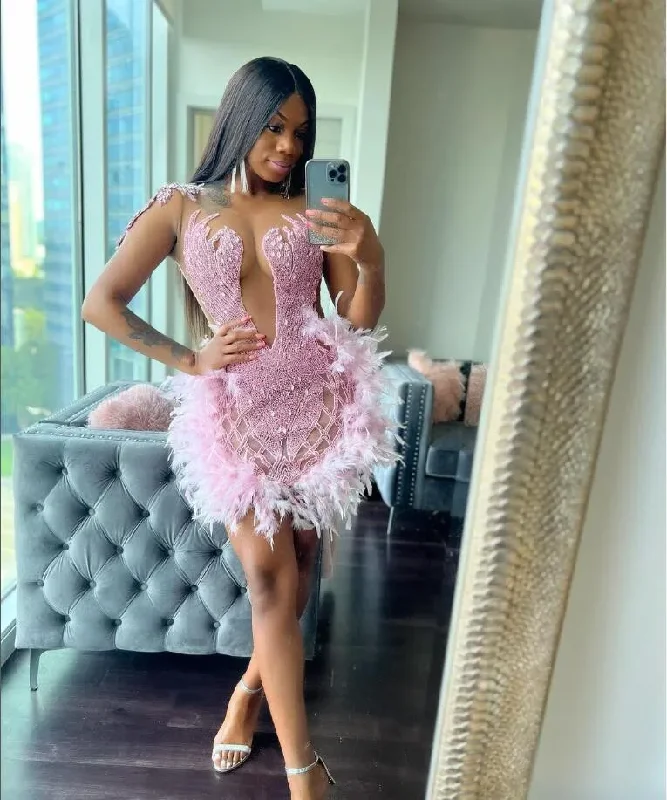 Clothes Woman pink Short Prom Dress For Black Girls Beaded Evening Gown Feathers Birthday Party Gowns Mermaid