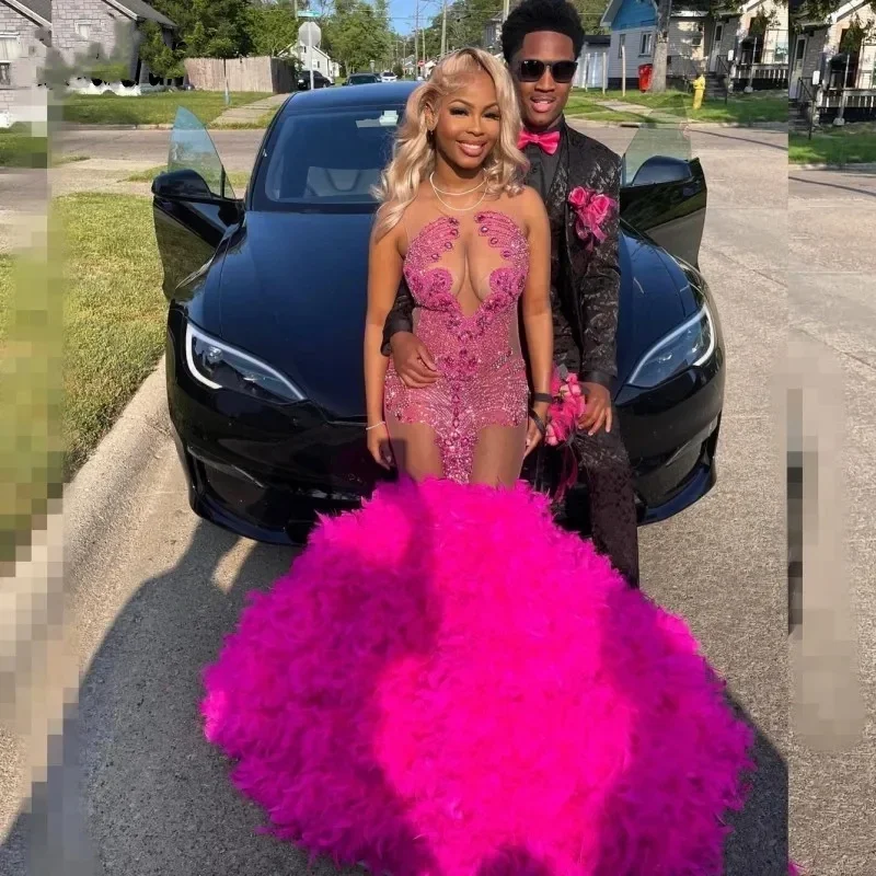 Women's Clothing Brands Hot Pink Prom Dress For Black Girls Rhinestone Feathers Mermaid Party Gowns See Through Top