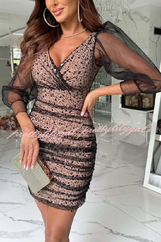 Chic Style Lost in Your Eyes Mesh Sequin Balloon Sleeve Ruched Stretch Party Mini Dress