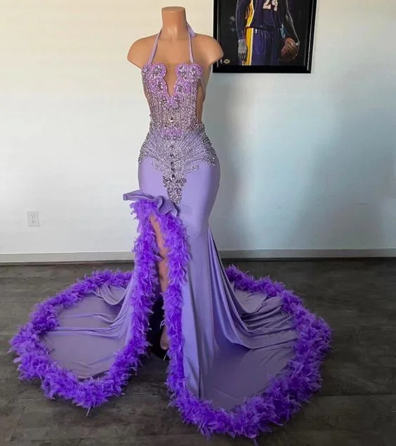 Elevate Your Wardrobe Purple Prom Dresses Luxury Halter Crystals Fashion Party Dresses Women Beaded Feather Sexy Black Girls Evening Gown