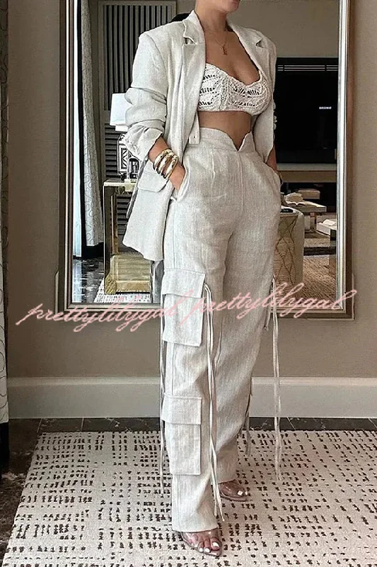 Chic Outfits Stylish Lapel Long Sleeve Loose Jacket and Casual Pocket Lace-up Straight Leg Pants Set