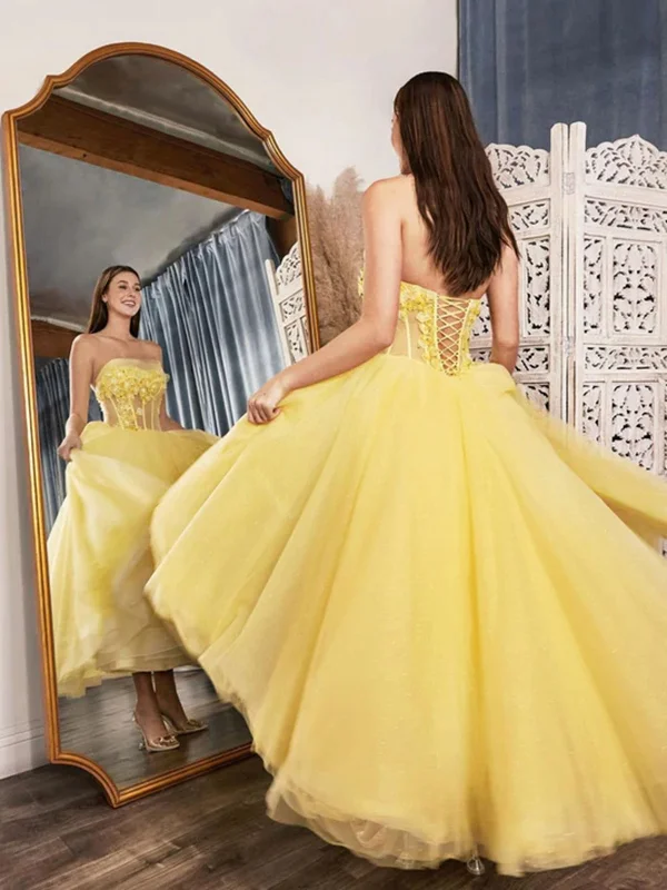 Casual Fashion Trends for Women Strapless Yellow Lace Floral Tea Length Prom Dresses, Yellow Lace Formal Dresses, Tea Length Yellow Evening Dresses SP2375