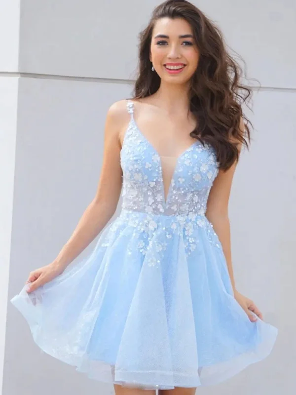 Must Haves Cute V Neck Light Blue Lace Floral Short Prom Homecoming Dresses, Light Blue Lace Formal Graduation Evening Dresses SP2112