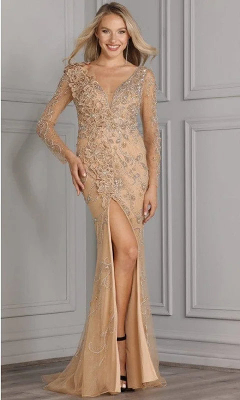 Stylish Everyday Clothing Terani Couture - 2111GL5023 Plunging V-Neck Appliqued Gown