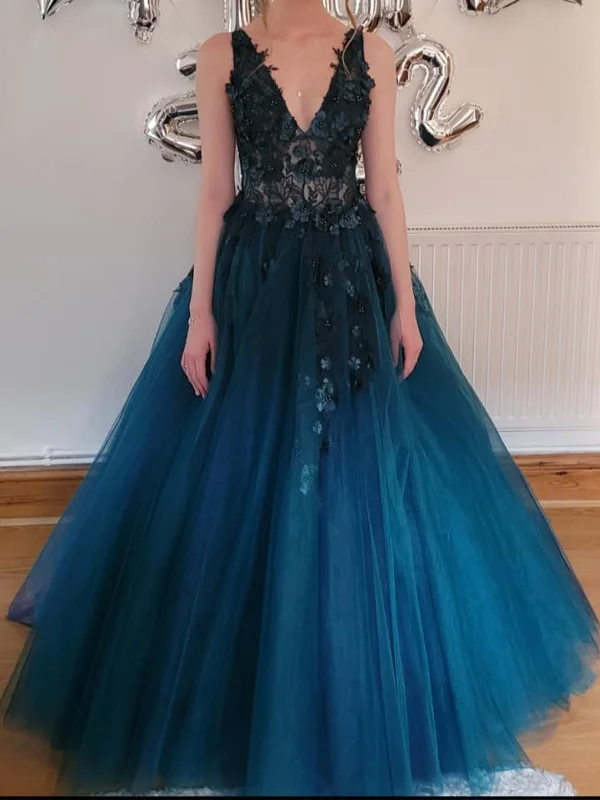 Limited Time Offer V Neck Open Back Beaded Blue Lace Long Prom Dresses, Blue Lace Floral Formal Dresses, Blue Evening Dresses SP2652