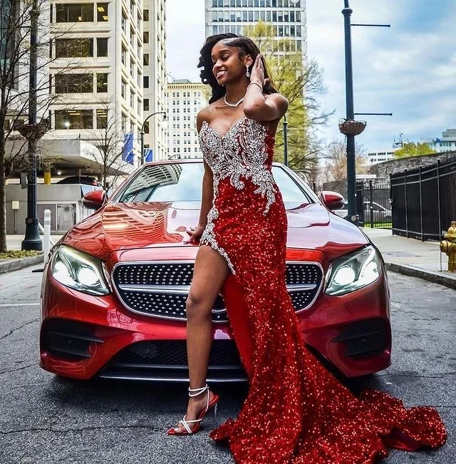 Clothing Sales Red African Aso Ebi Evening Dresses Mermaid V-neck Sequined Beaded Slit Formal Party Gown Prom Dresses For Black Girls