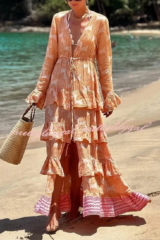 Limited Time Offers Soleil Conch Print Drawstring Waist Tiered Ruffles Cover-up Maxi Dress