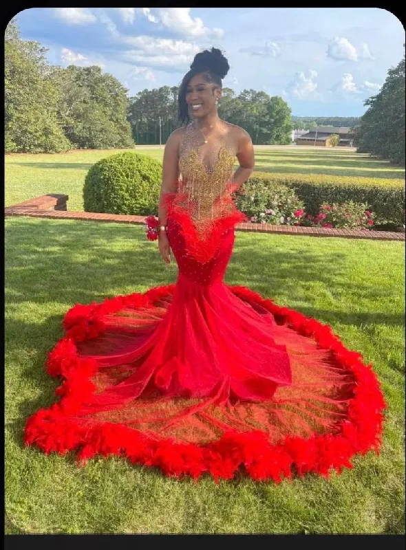 Flash Sale Online Red African American Prom Dresses Mermaid Sheer Tulle Beaded Feather Black Girls Nigeria Robe De Soiree Evening Dresses Gown