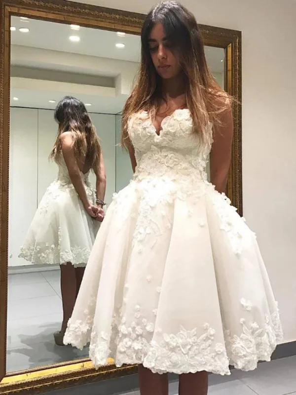 Casual Dresses for Women Princess V Neck Backless Ivory Lace Floral Prom Dresses, Ivory Lace Homecoming Dresses, Short Ivory Formal Evening Dresses SP2709